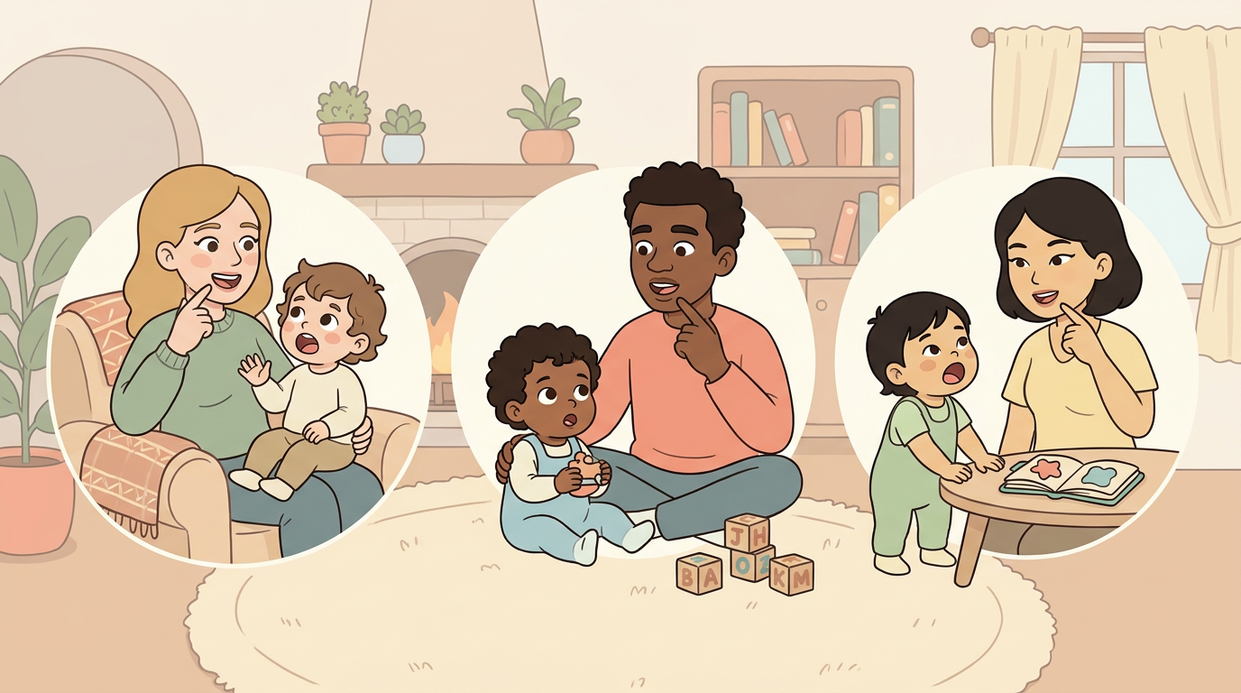 Families practicing first words with their toddlers